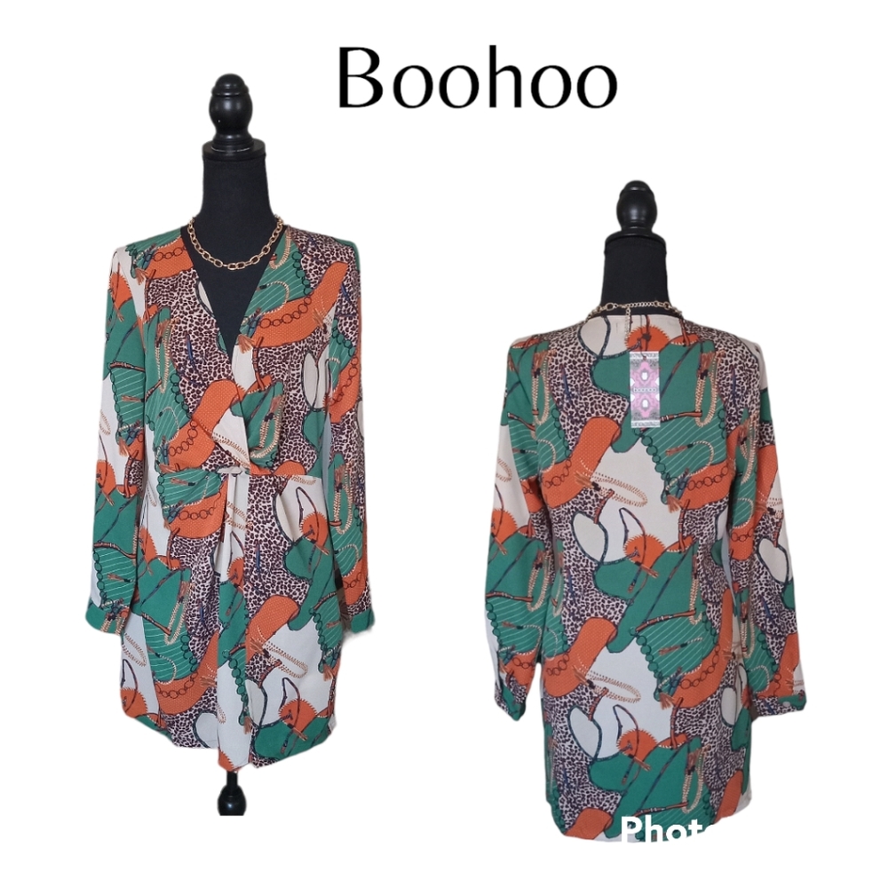 NWT Boohoo Satin Chain Print Twist Shift Mini Dress Size 10